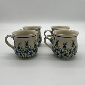 Zaklady Boleswiac Polish Pottery "Blue Dream" Blueberry Pattern Bubble Mugs x4